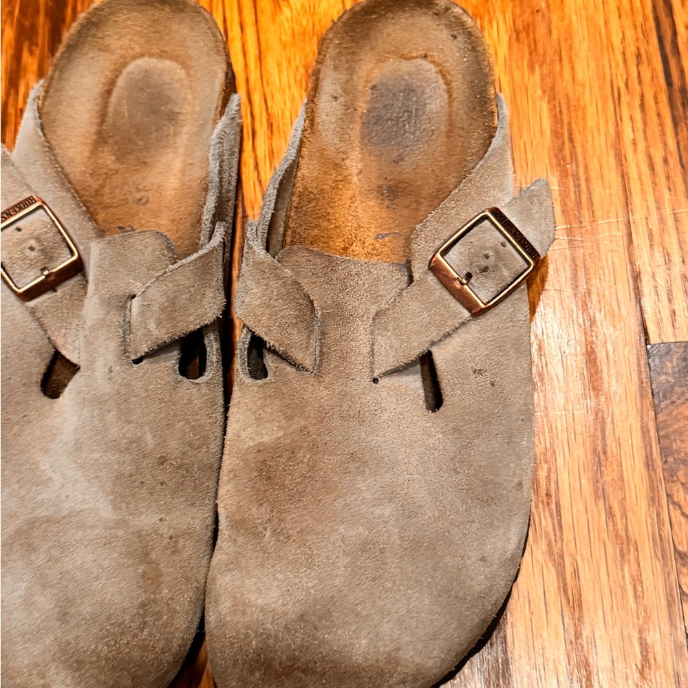 Boston Birkenstocks - Brown Suede Slip-On Clogs with Buckle